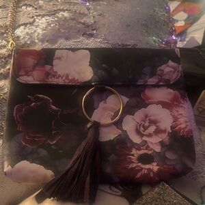 Floral Print Tassel Crossbody Bag - Black & Purple